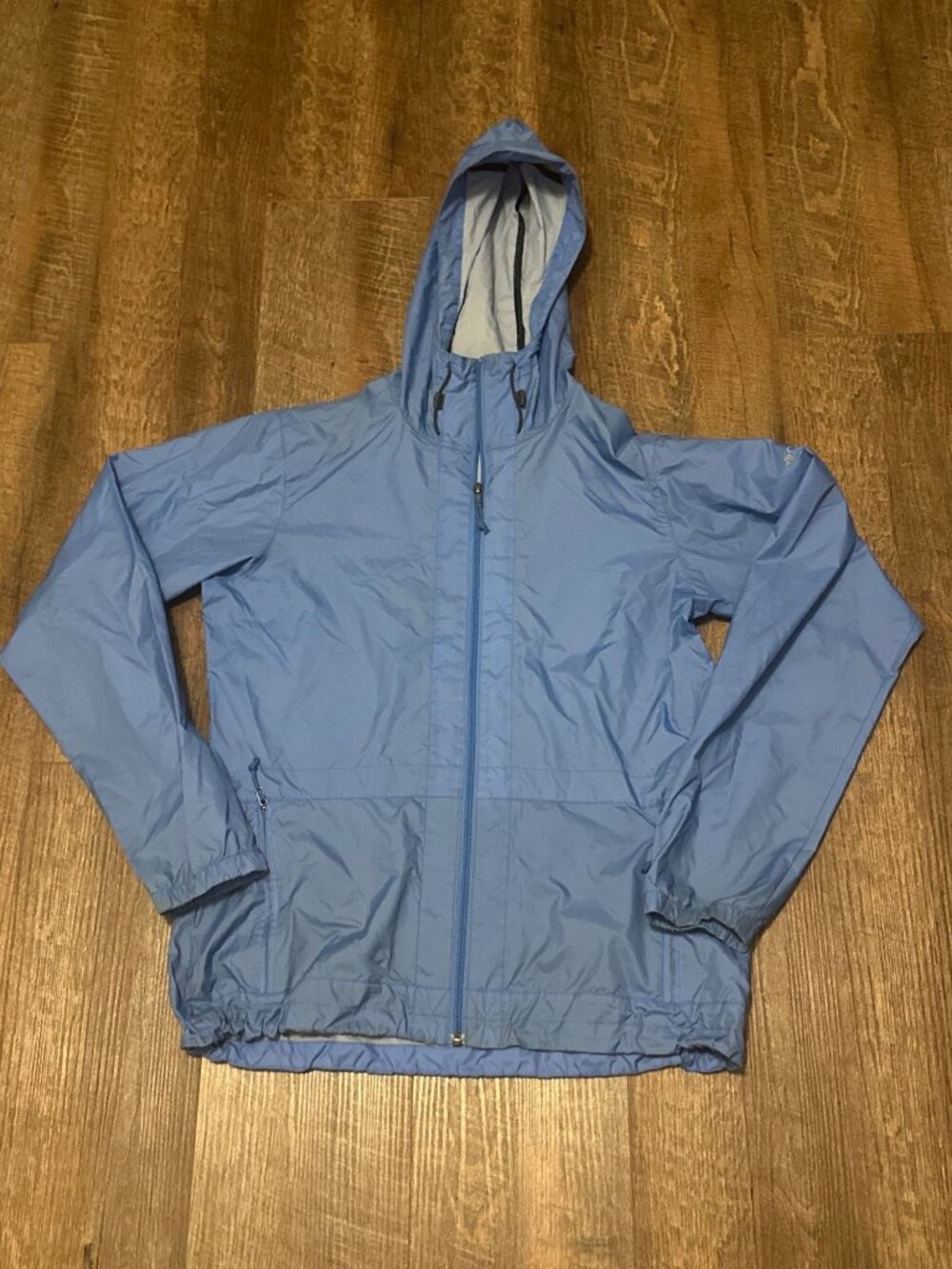 Columbia Lightweight Blue Nylon Hooded Jacket M Drawcords Outdoor Hiking Lined